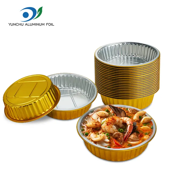 పునర్వినియోగపరచలేని గ్రాటిన్ గోల్డెన్ రౌండ్ అల్యూమినియం రేకు కంటైనర్లు