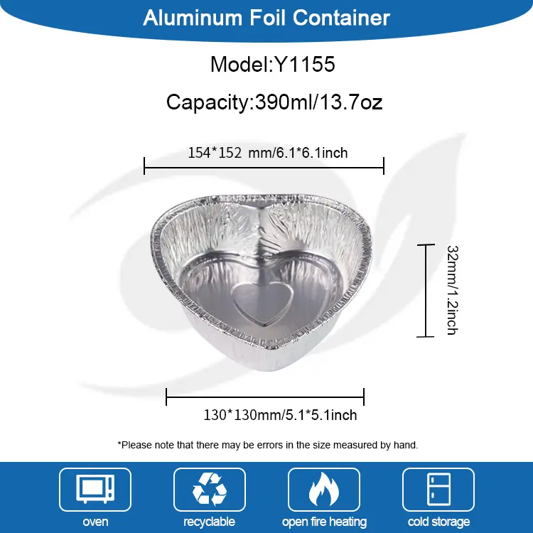 గుండె ఆకారపు టేకావే కేక్ సిల్వర్ అల్యూమినియం రేకు కంటైనర్లు