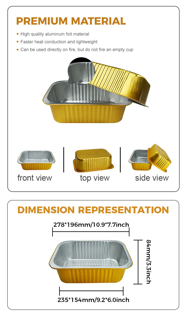 Large capacity rectangular gold Aluminum Foil Containers