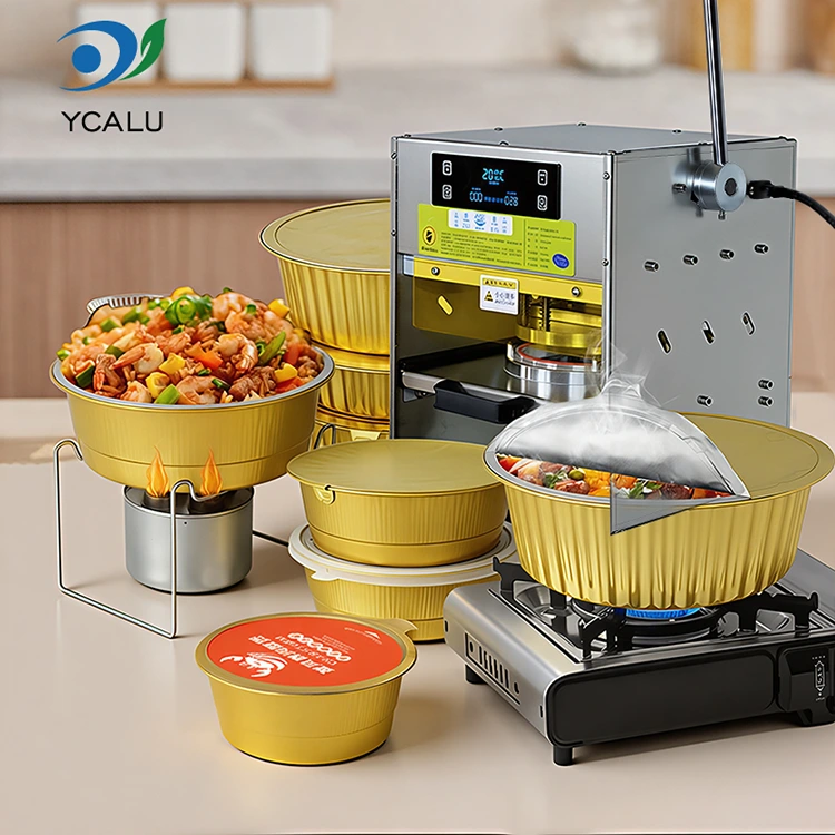 గోల్డ్ అల్యూమినియం ఫాయిల్ కంటైనర్‌లతో మాన్యువల్ హీట్ సీలింగ్ మెషిన్