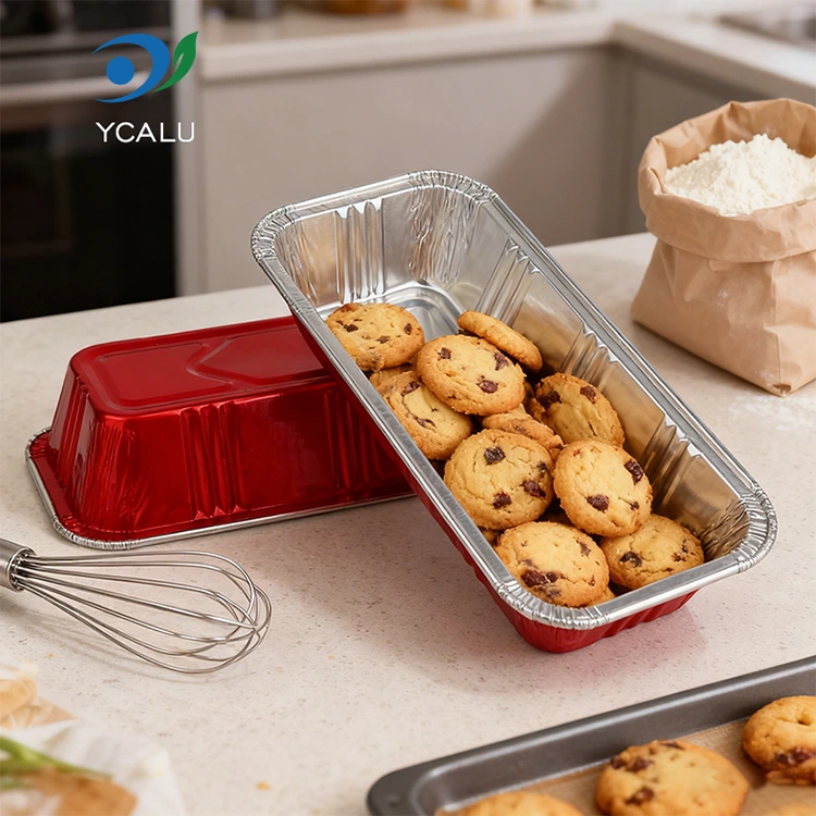 దీర్ఘచతురస్రాకార ఎరుపు బేకరీ క్యాటరింగ్ సిల్వర్ అల్యూమినియం ఫాయిల్ కంటైనర్లు