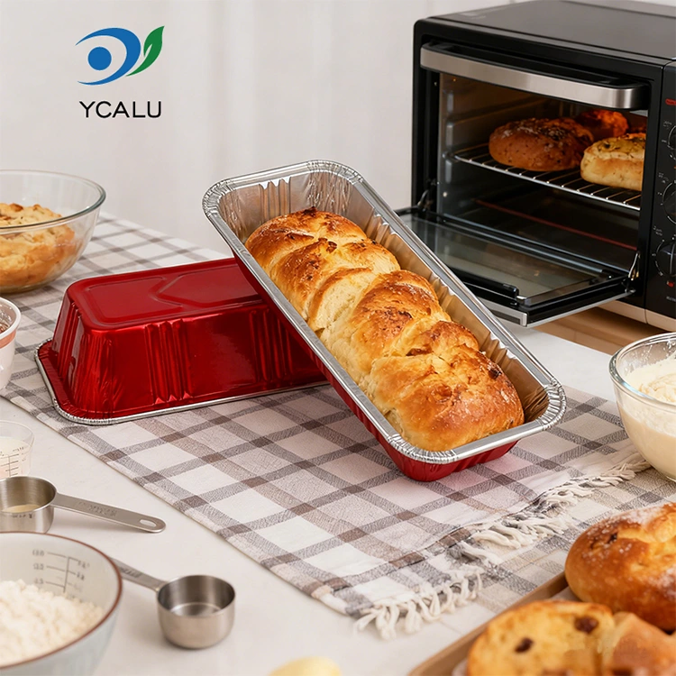 దీర్ఘచతురస్రాకార ఎరుపు బేకరీ క్యాటరింగ్ సిల్వర్ అల్యూమినియం ఫాయిల్ కంటైనర్లు